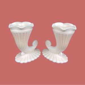 MCM Jeannette Glass Shell Pink Milk Glass Cornucopia Vases